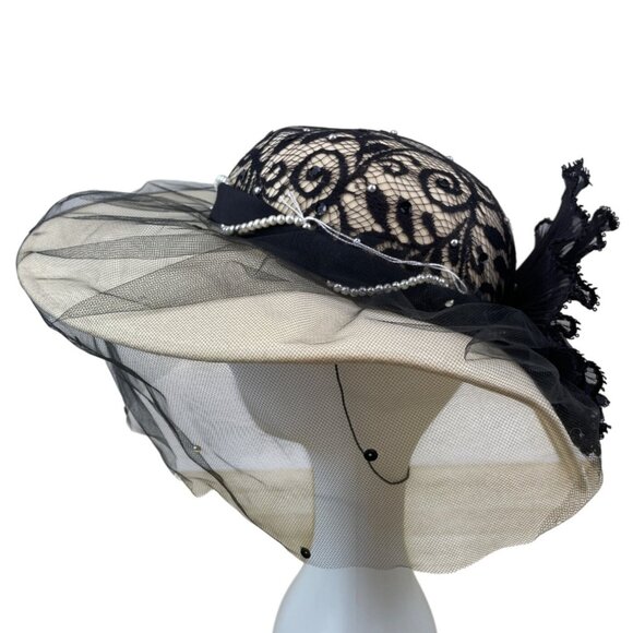 Whittall & Shon Vintage Black Lace & Pearls Wide Brim Hat Netting Floral Accent main image 11
